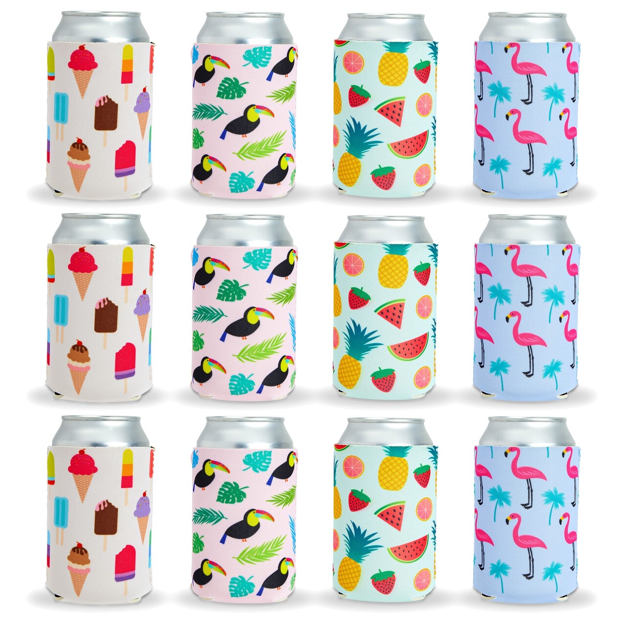 12 Pack Tropical Neoprene Can Cooler Sleeves for Beer, Bottles, Soft Drinks, Soda Covers for Beach, Summer Pool Parties (4 Designs, 12 oz)